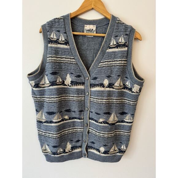 VTG Northern Reflections Sailboat Sweater Vest Large Cottagecore Grandpa 80s 90s - Picture 1 of 9